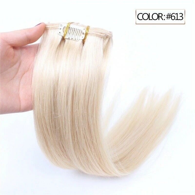 Luxury Clip In Human Hair Extensions #613 Bleach Blonde Remy Straight 7pcs 100g