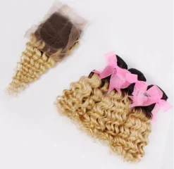 Luxury Deep Wave Brazilian Blonde Dark Roots Ombre Virgin Human Hair + Closure
