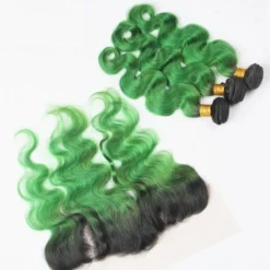 Luxury Brazilian Body Wave Emerald Green Dark Roots Hair Extensions + Frontal