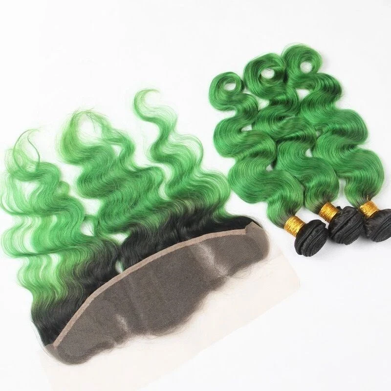 Luxury Brazilian Body Wave Emerald Green Dark Roots Hair Extensions + Frontal - Image 2