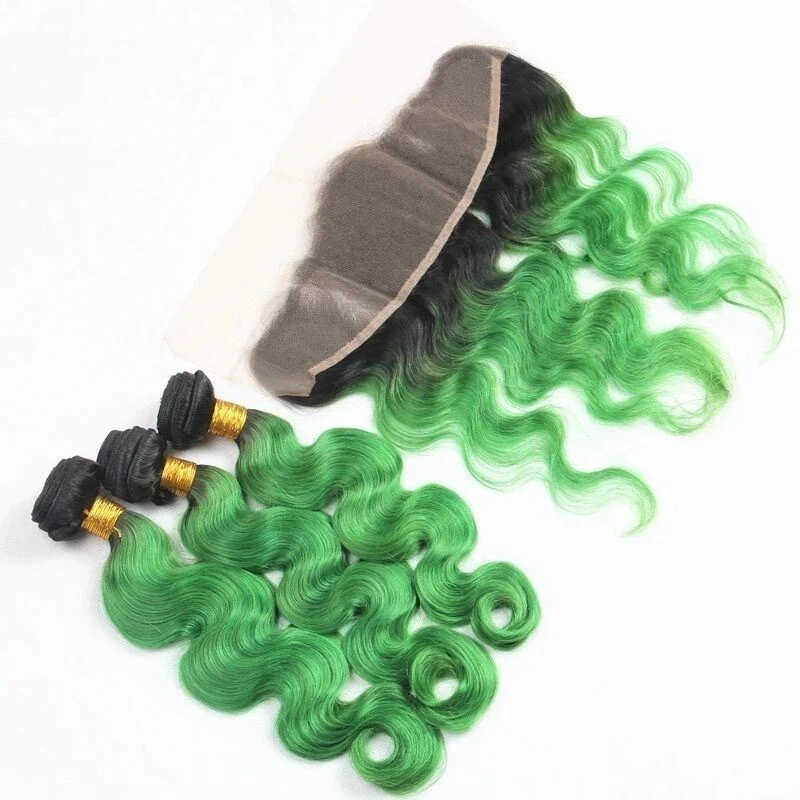 Luxury Brazilian Body Wave Emerald Green Dark Roots Hair Extensions + Frontal - Image 3