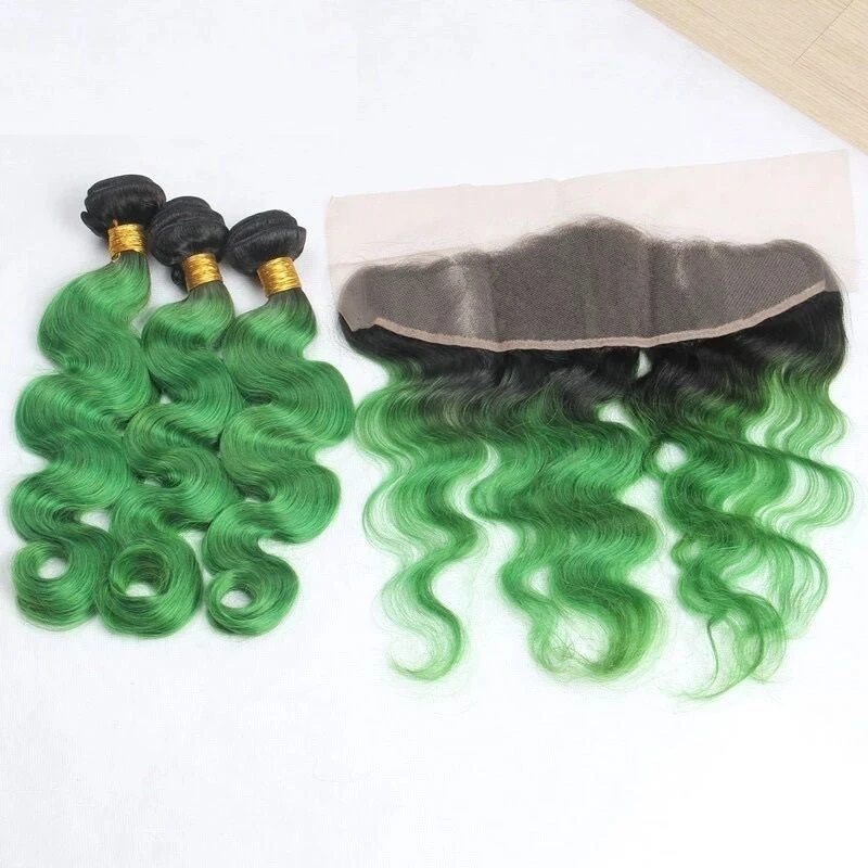 Luxury Brazilian Body Wave Emerald Green Dark Roots Hair Extensions + Frontal - Image 4