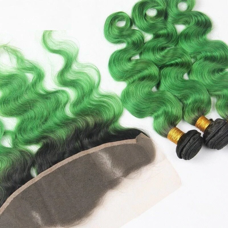 Luxury Brazilian Body Wave Emerald Green Dark Roots Hair Extensions + Frontal - Image 5