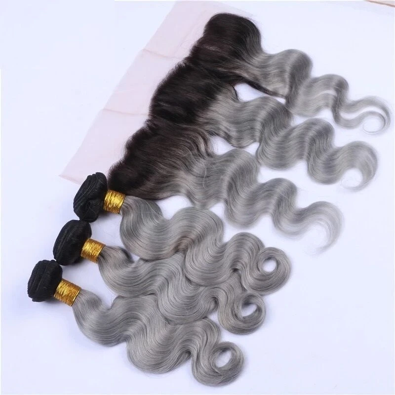 Luxury Brazilian Body Wave Grey Silver Dark Roots Hair Extensions + 13x4 Frontal