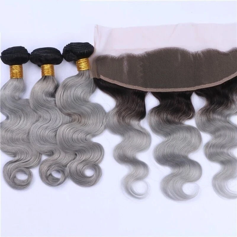 Luxury Brazilian Body Wave Grey Silver Dark Roots Hair Extensions + 13x4 Frontal - Image 2