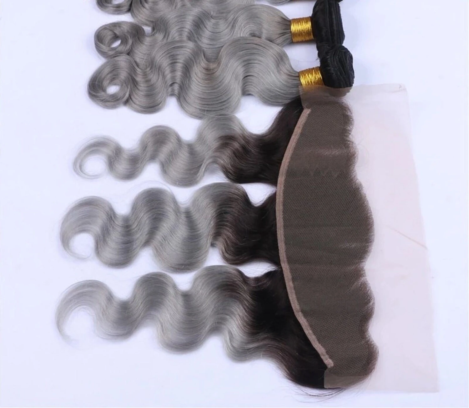 Luxury Brazilian Body Wave Grey Silver Dark Roots Hair Extensions + 13x4 Frontal - Image 3