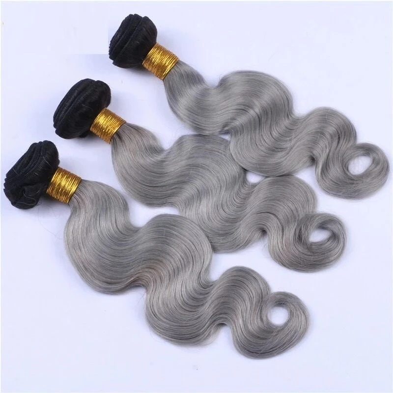 Luxury Brazilian Body Wave Grey Silver Dark Roots Hair Extensions + 13x4 Frontal - Image 4