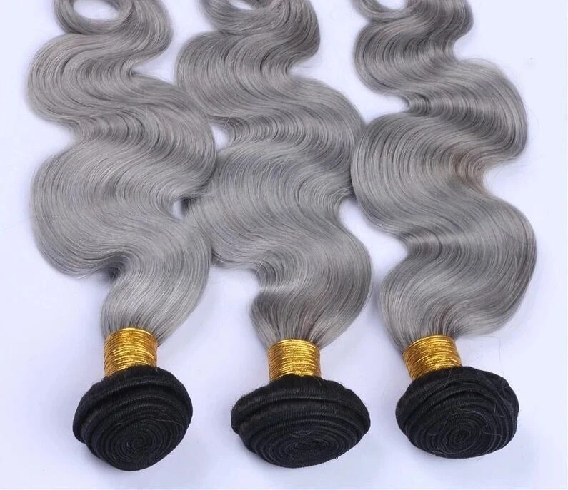 Luxury Brazilian Body Wave Grey Silver Dark Roots Hair Extensions + 13x4 Frontal - Image 5