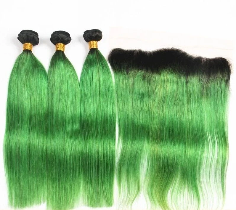 Luxury Brazilian Straight Emerald Green Dark Roots Hair Extensions + Frontal