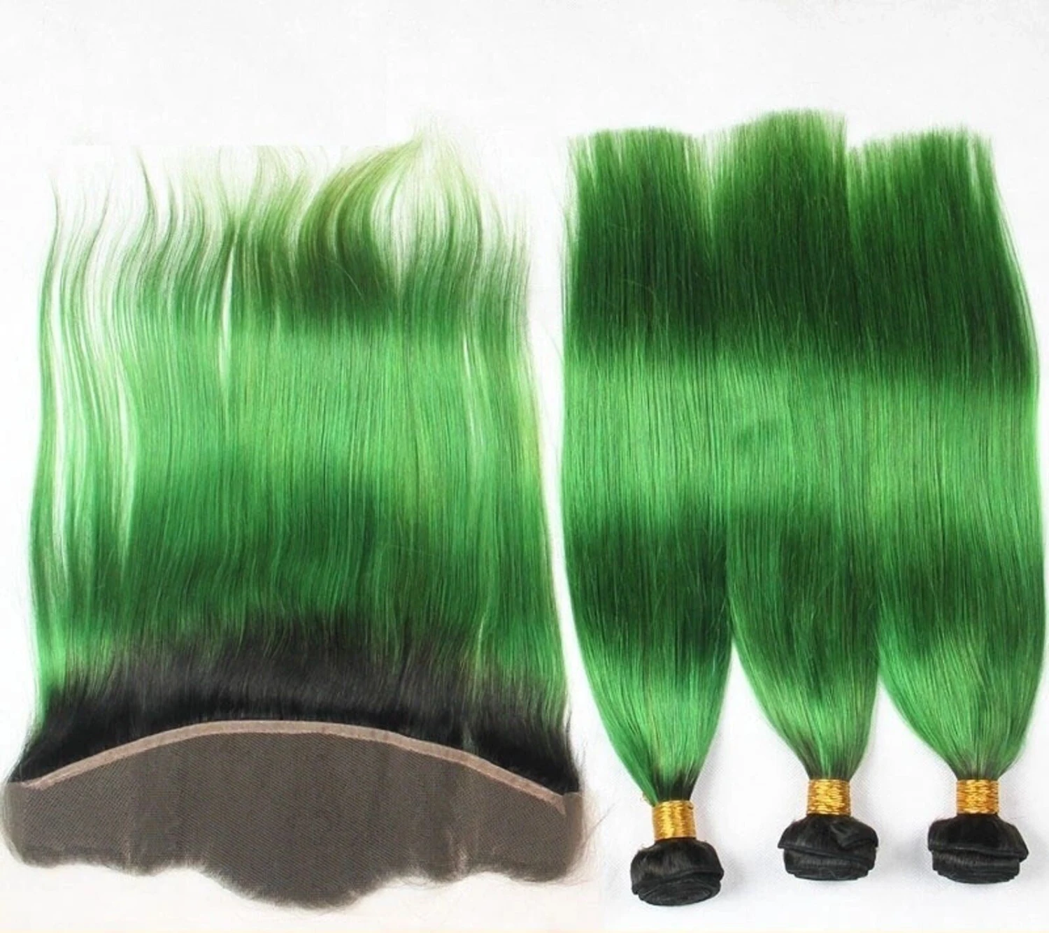 Luxury Brazilian Straight Emerald Green Dark Roots Hair Extensions + Frontal - Image 2