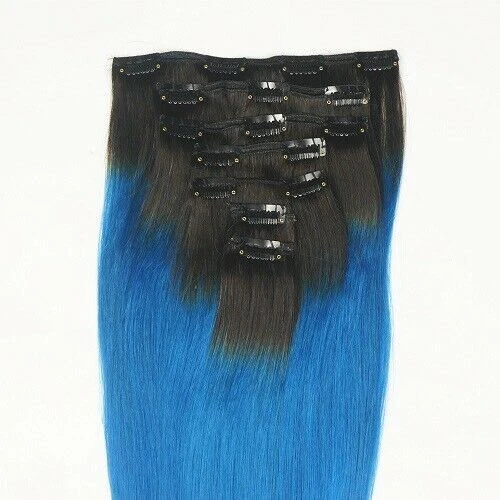 Luxury Clip In Human Hair Extensions #1B/Royal Blue Remy Ombre 7pcs 120g - Image 2