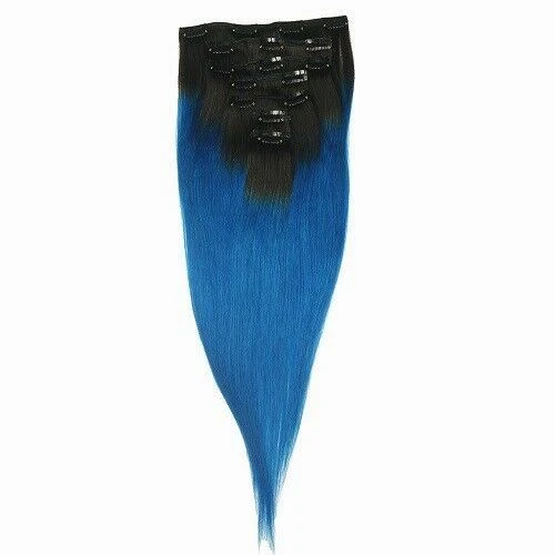 Luxury Clip In Human Hair Extensions #1B/Royal Blue Remy Ombre 7pcs 120g - Image 3