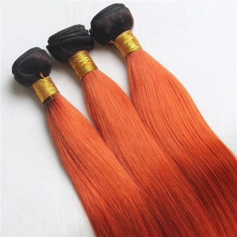 Luxury Brazilian Straight Orange Red #350 Dark Roots Hair Extensions + Frontal - Image 2