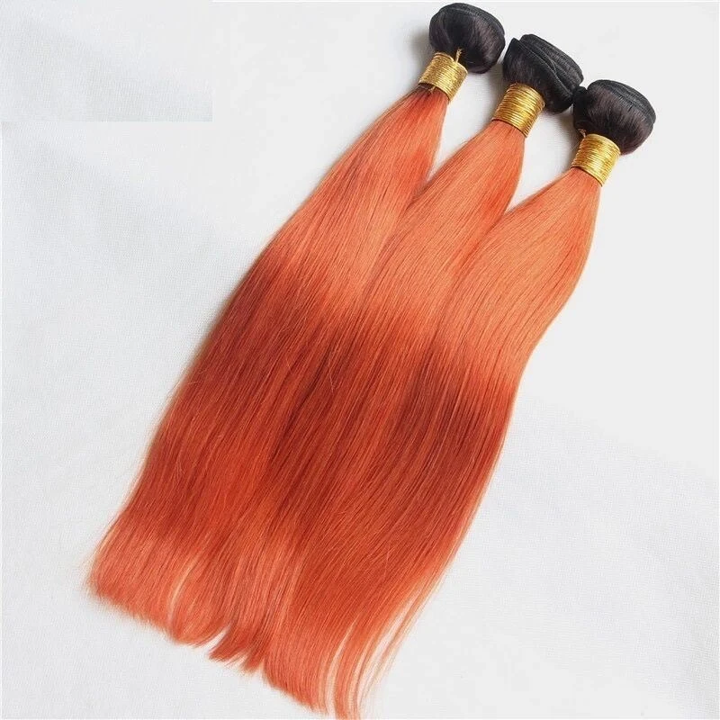 Luxury Brazilian Straight Orange Red #350 Dark Roots Hair Extensions + Frontal - Image 3