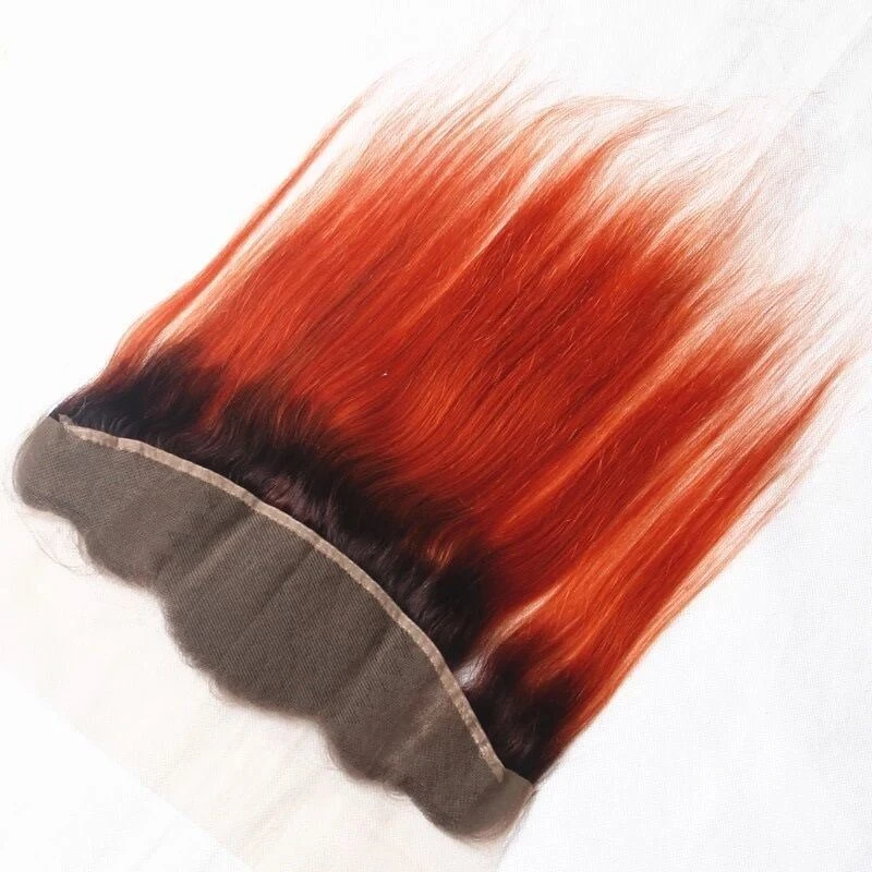 Luxury Brazilian Straight Orange Red #350 Dark Roots Hair Extensions + Frontal - Image 4