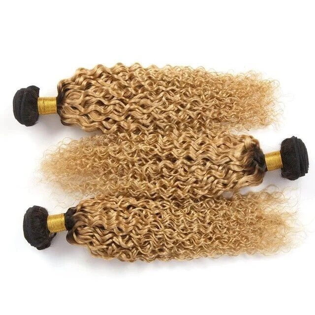 Luxury Dark Roots Brazilian Honey Blonde #27 Kinky Curly Virgin Hair Extensions - Image 3