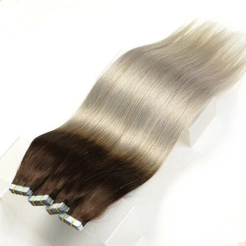 Luxury Tape In Human Hair Extensions #4 Brown/Icy Grey Ombre Straight 40pcs 100g