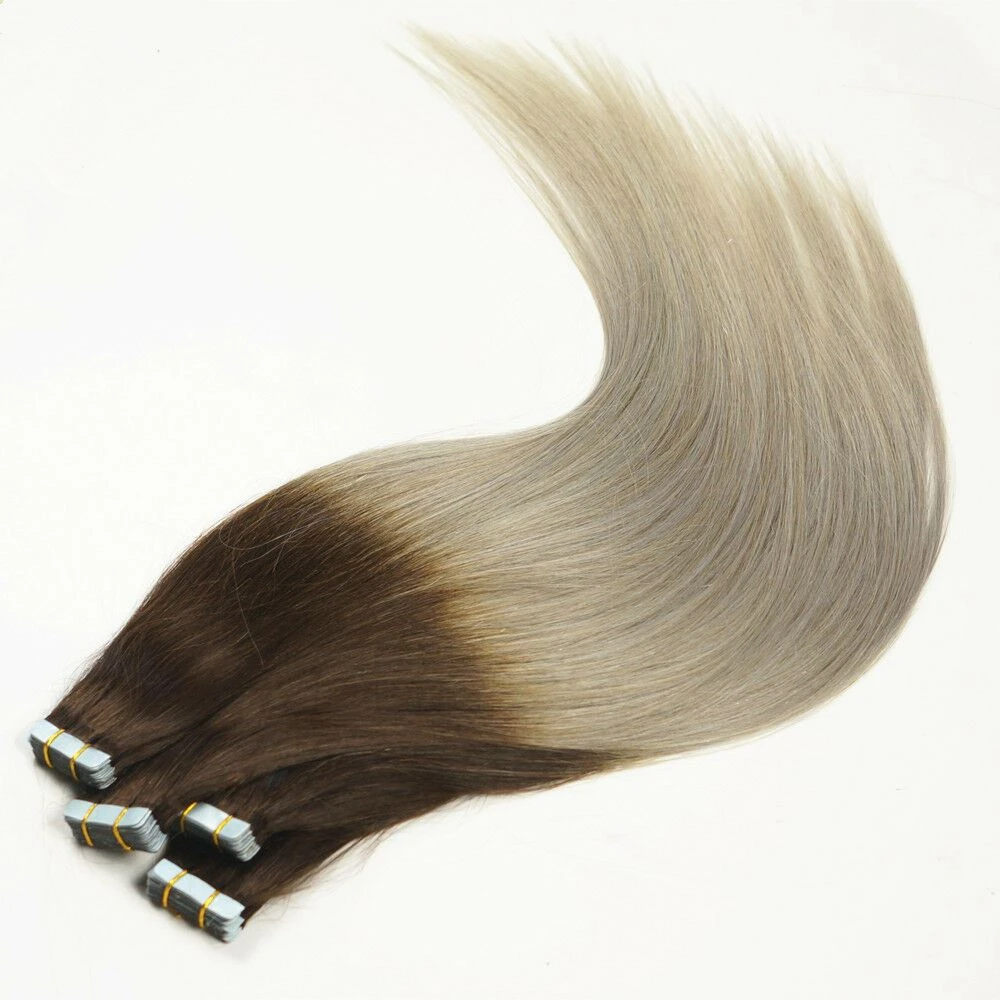Luxury Tape In Human Hair Extensions #4 Brown/Icy Grey Ombre Straight 40pcs 100g - Image 2
