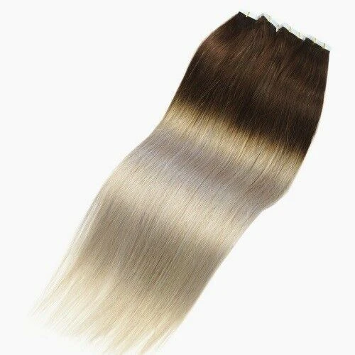 Luxury Tape In Human Hair Extensions #4 Brown/Icy Grey Ombre Straight 40pcs 100g - Image 3