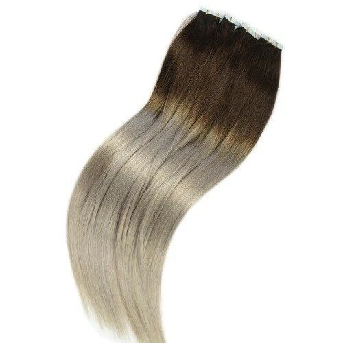 Luxury Tape In Human Hair Extensions #4 Brown/Icy Grey Ombre Straight 40pcs 100g - Image 5
