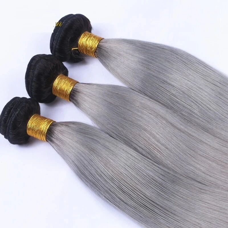 Luxury Brazilian Straight Grey Silver Dark Roots Hair Extensions + 13x4 Frontal - Image 2