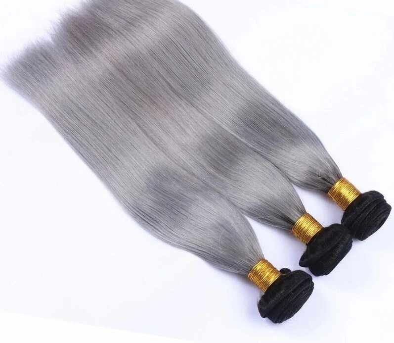Luxury Brazilian Straight Grey Silver Dark Roots Hair Extensions + 13x4 Frontal - Image 3