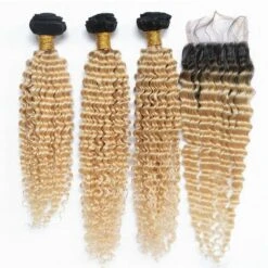 Luxury Brazilian #1B/Blonde Deep Wave Human Hair Extensions + 4x4 Closure