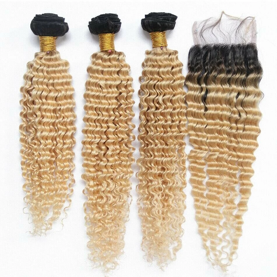 Luxury Brazilian #1B/Blonde Deep Wave Human Hair Extensions + 4x4 Closure