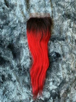 MEGASALE Brazilian 12" Ombre Hot Red Human Hair Silky Straight Bright Closure