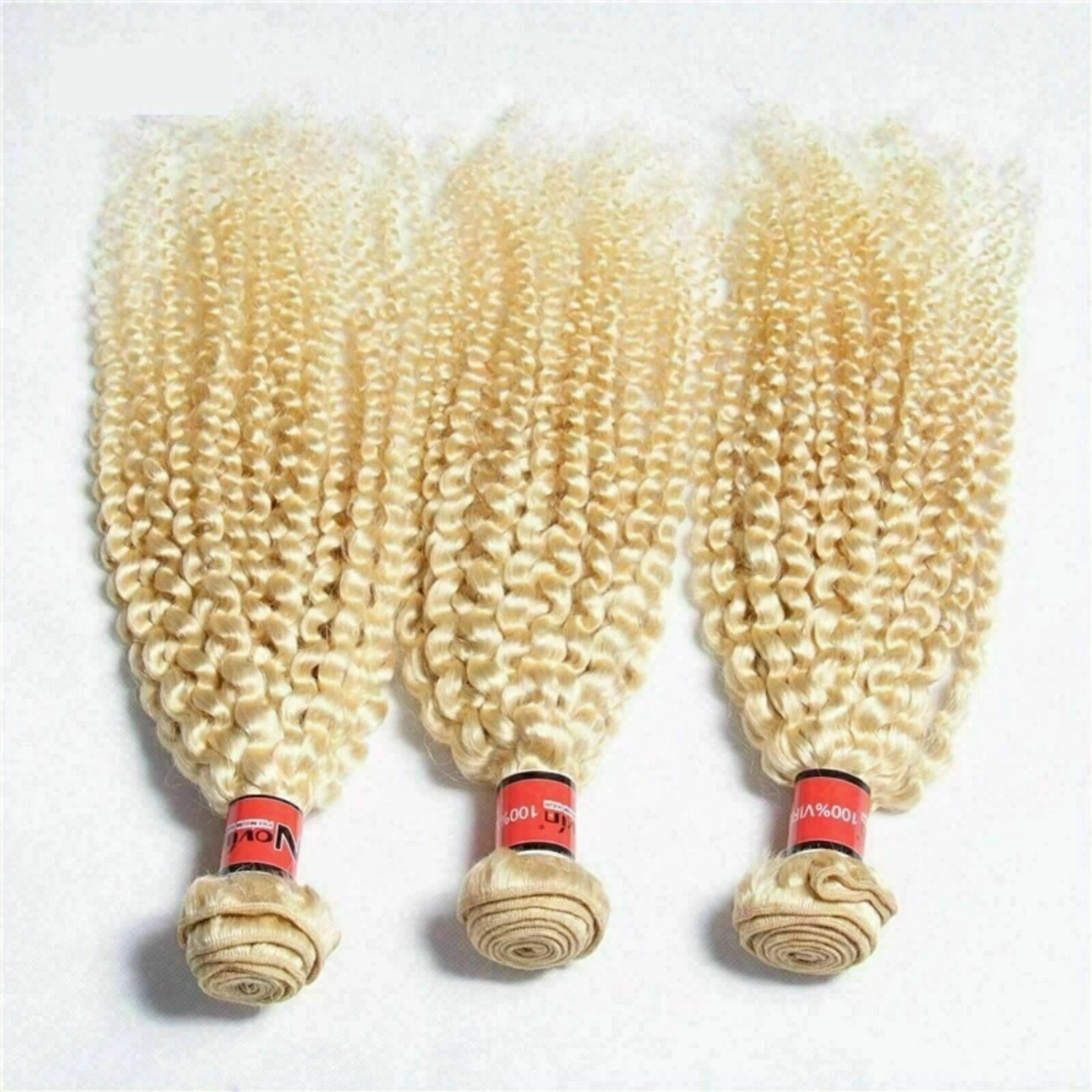Luxury Kinky Curly Brazilian Platinum Blonde #613 Virgin Human Hair Extensions - Image 2