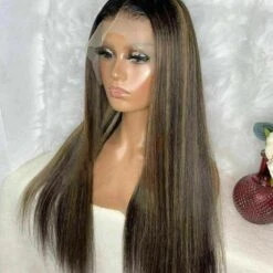Luxury Lace Front Dark Brown Balayage Human Hair Full Lace Wig Highlights Blonde