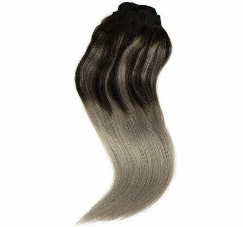 Luxury Clip In Human Hair Extensions #1B/Grey Balayage Remy Ombre Straight 120g