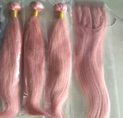 Luxury Brazilian Pink Rose Gold Straight Human Hair Extensions + 4x4 Closure