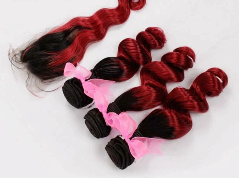 Luxury Loose Wave Brazilian Burgundy #99J Dark Roots Ombre Virgin Hair + Closure - Image 2