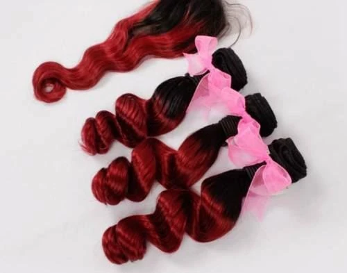 Luxury Loose Wave Brazilian Burgundy #99J Dark Roots Ombre Virgin Hair + Closure - Image 3