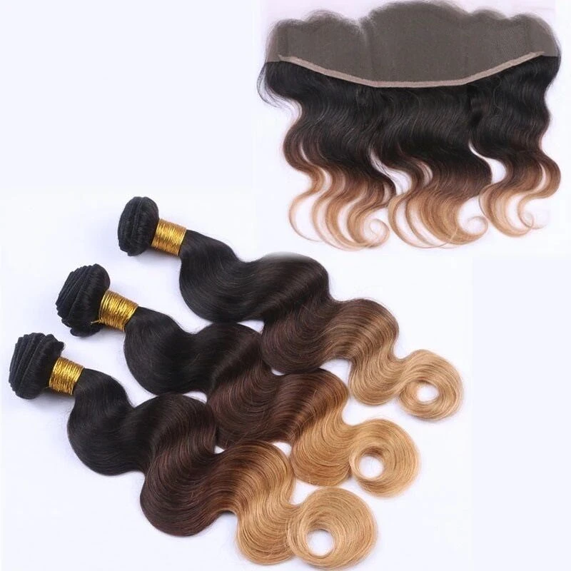 Luxury Brazilian Three Tone Blonde Body Wave Ombre Hair Extensions + Frontal - Image 2