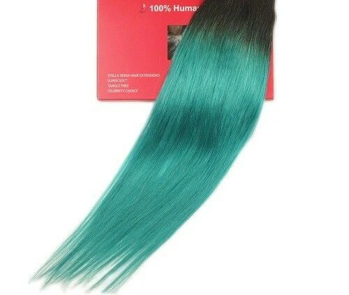 Luxury Clip In Human Hair Extensions #1B/Teal Green Remy Ombre 7pcs 120g - Image 2