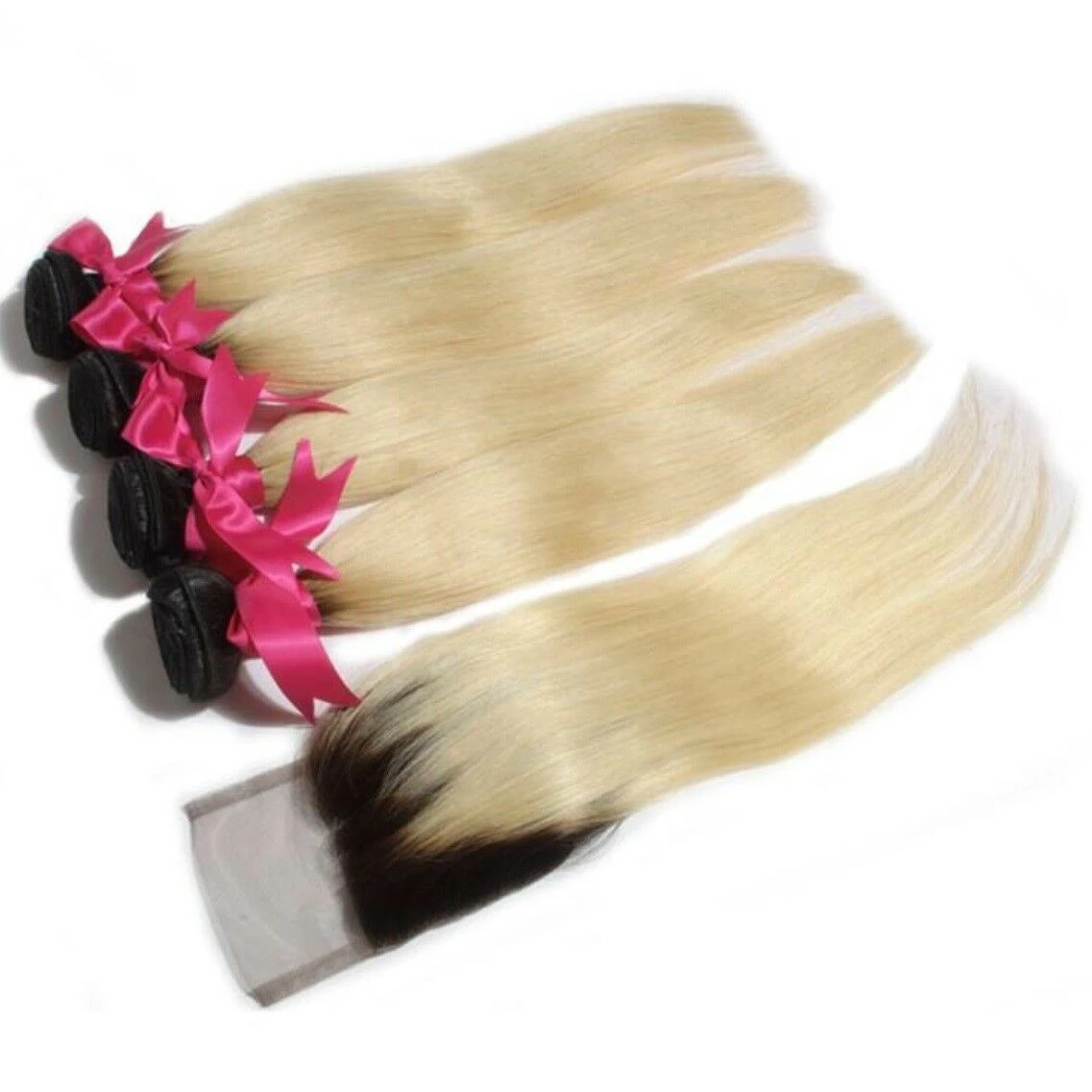 Luxury Brazilian #1B/613 Blonde Straight Human Hair Extensions + 4x4 Closure - Image 2