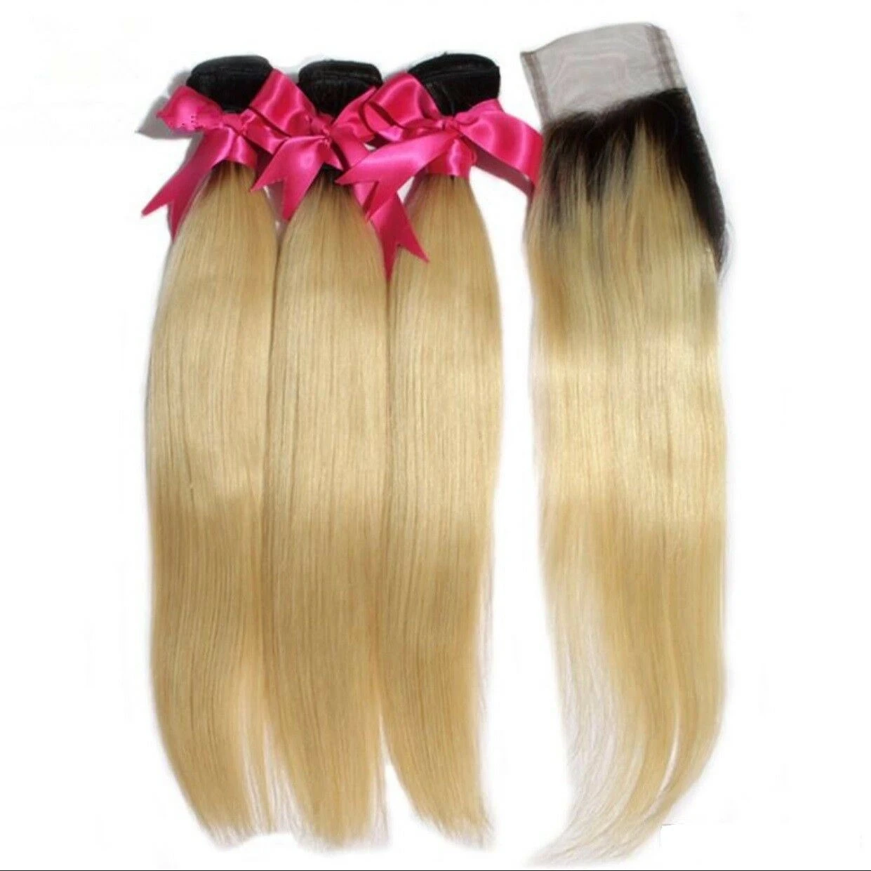 Luxury Brazilian #1B/613 Blonde Straight Human Hair Extensions + 4x4 Closure - Image 3