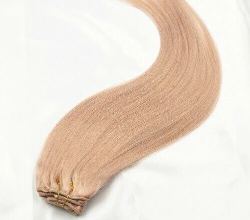 Luxury Clip In Human Hair Extensions Rose Gold Remy Straight Pink 7pcs 120g - Image 3