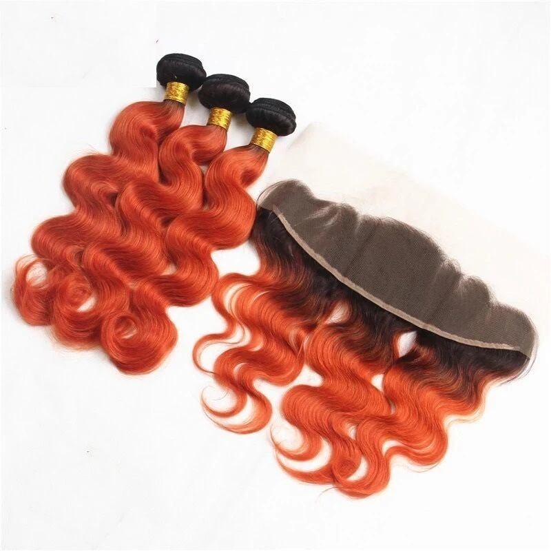 Luxury Brazilian Body Wave Orange Red #350 Dark Roots Hair Extensions + Frontal - Image 2