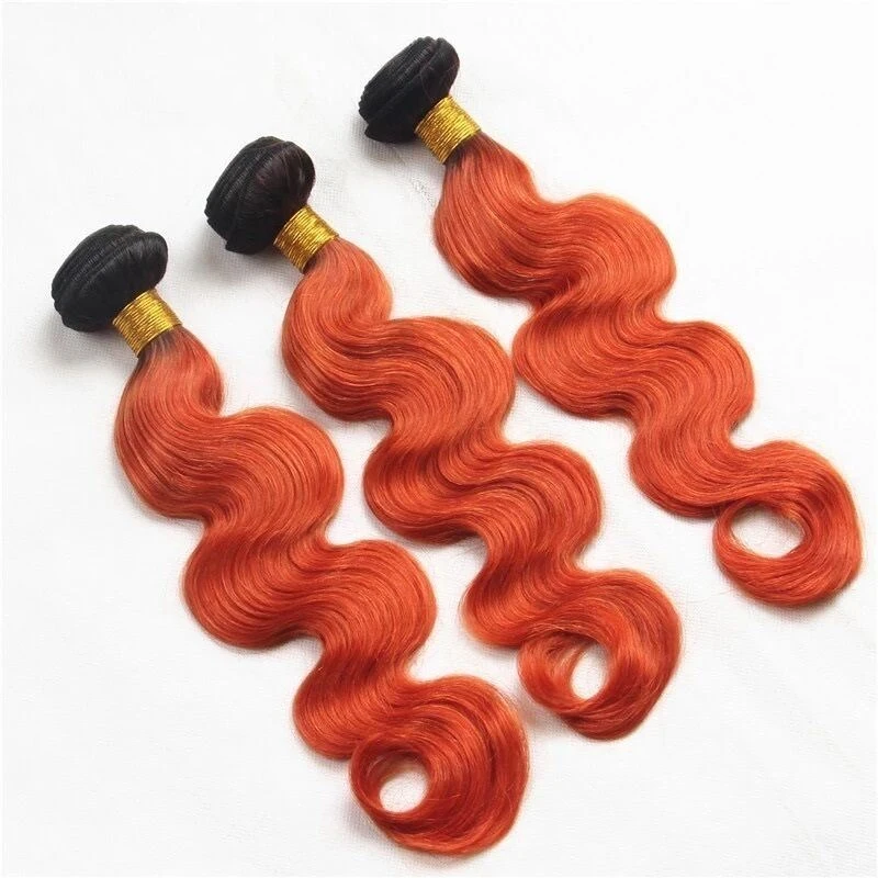 Luxury Brazilian Body Wave Orange Red #350 Dark Roots Hair Extensions + Frontal - Image 7