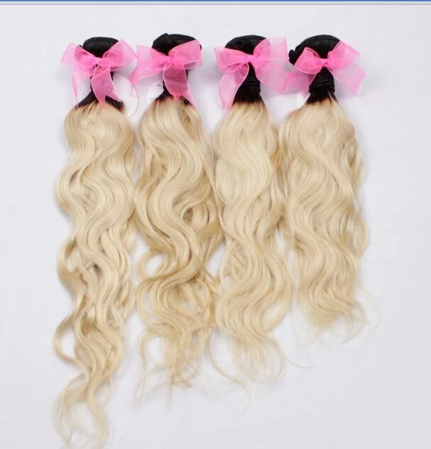 Luxury Dark Roots Brazilian Bleach Blonde #613 Natural Wave Hair Extensions - Image 2
