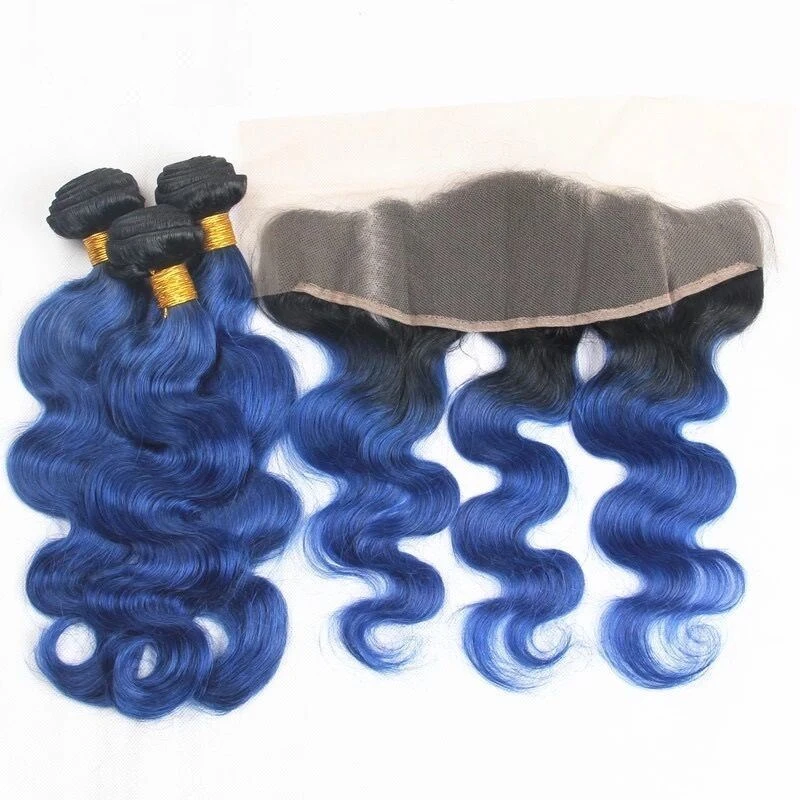 Luxury Brazilian Body Wave Royal Blue Dark Roots Hair Extensions + 13x4 Frontal - Image 2