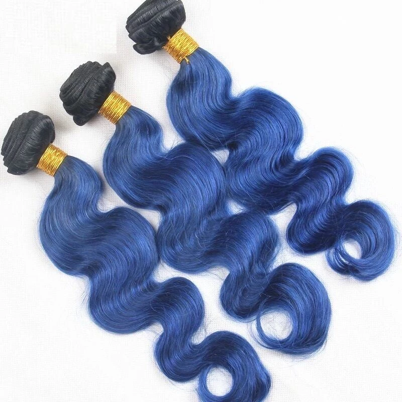 Luxury Brazilian Body Wave Royal Blue Dark Roots Hair Extensions + 13x4 Frontal - Image 3