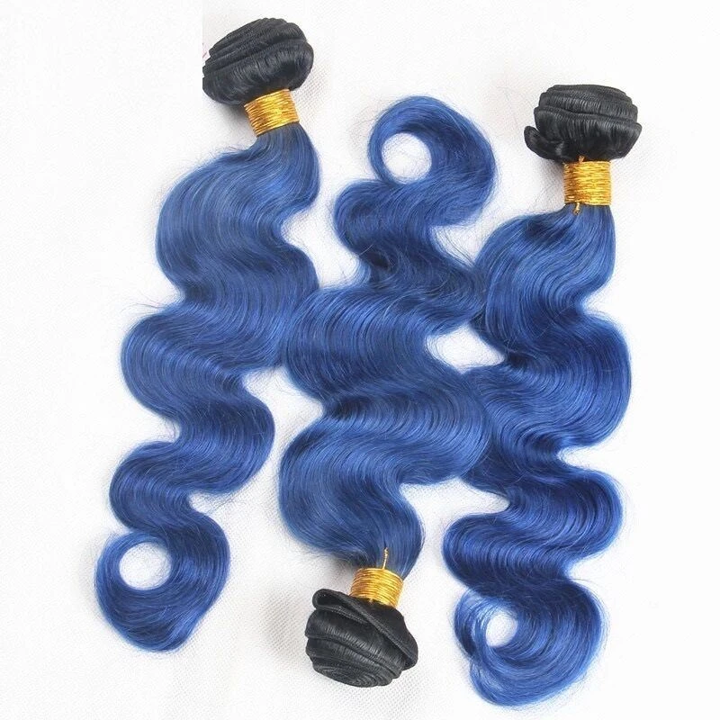 Luxury Brazilian Body Wave Royal Blue Dark Roots Hair Extensions + 13x4 Frontal - Image 4