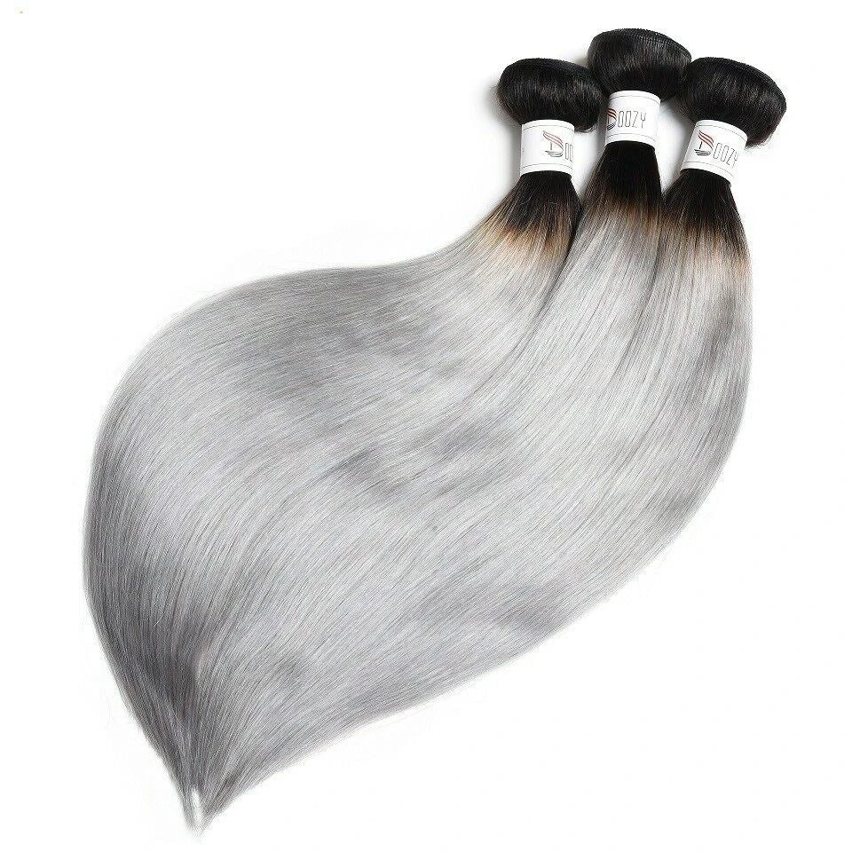 Luxury 100g Peruvian Human Hair Extensions #1b/Grey Silver Gray Ombre Straight - Image 3