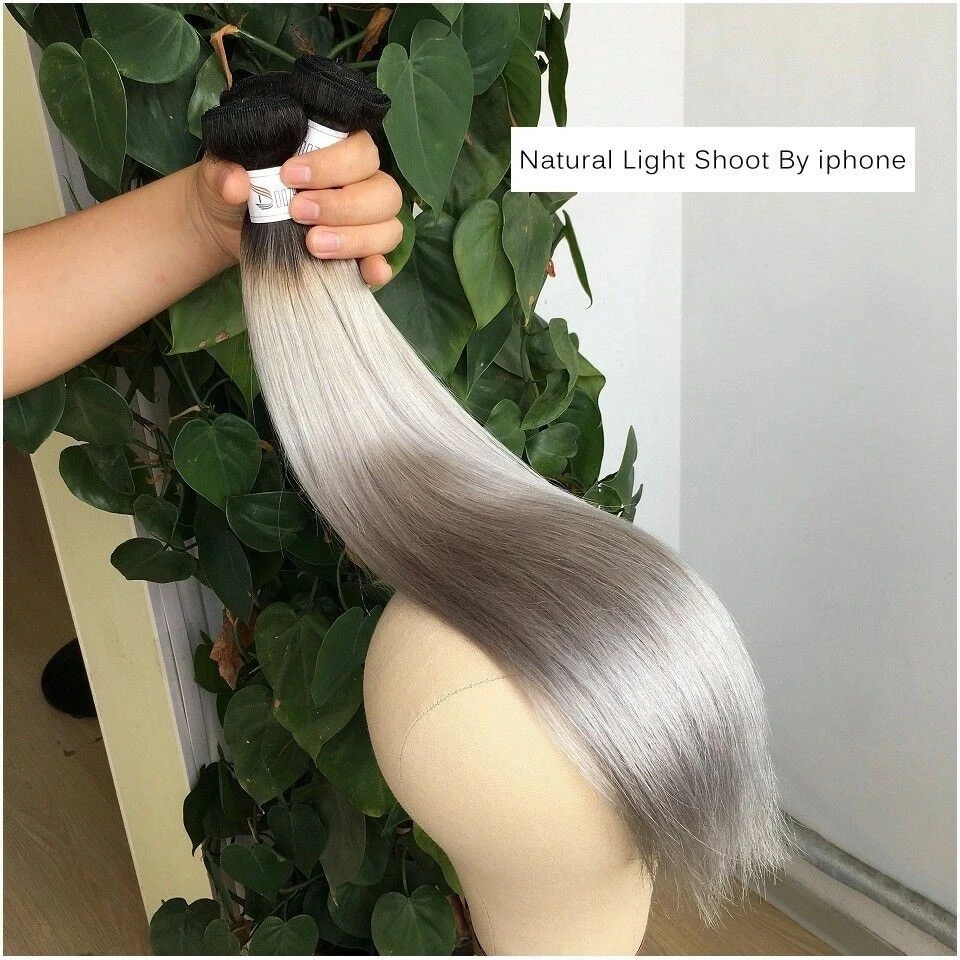 Luxury 100g Peruvian Human Hair Extensions #1b/Grey Silver Gray Ombre Straight - Image 4