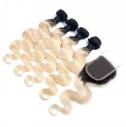 Luxury Brazilian #1B/613 Blonde Body Wave Human Hair Extensions + 4x4 Closure