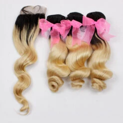 Luxury Loose Wave Peruvian Blonde Dark Roots Ombre Virgin Human Hair + Closure